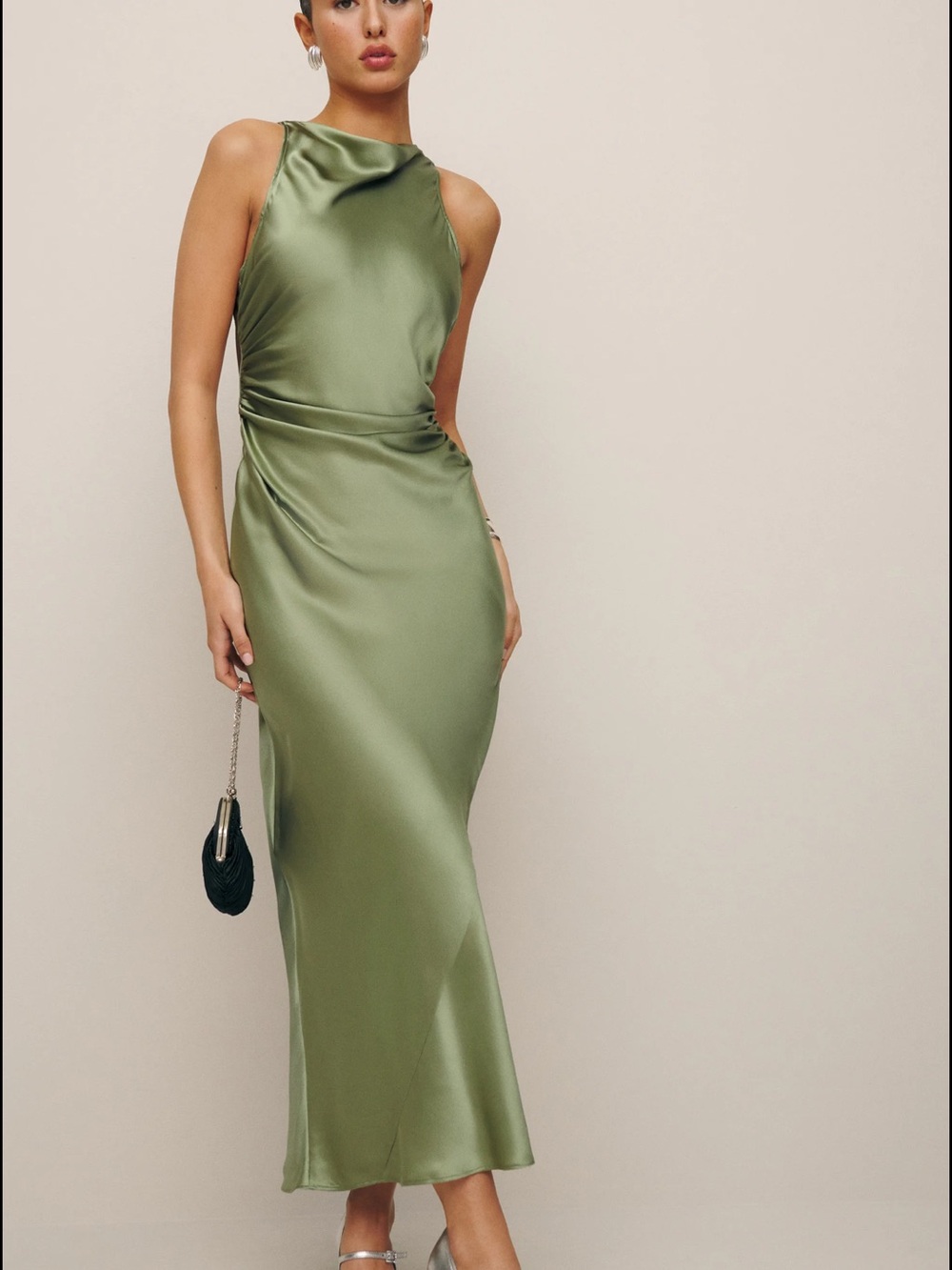 Reformation Olive Satin Bias Halter Maxi Dress